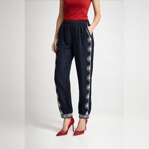 Johnny Was Workshop Ciro Jogger Pants Black White Embroidery Elastic Waist XL